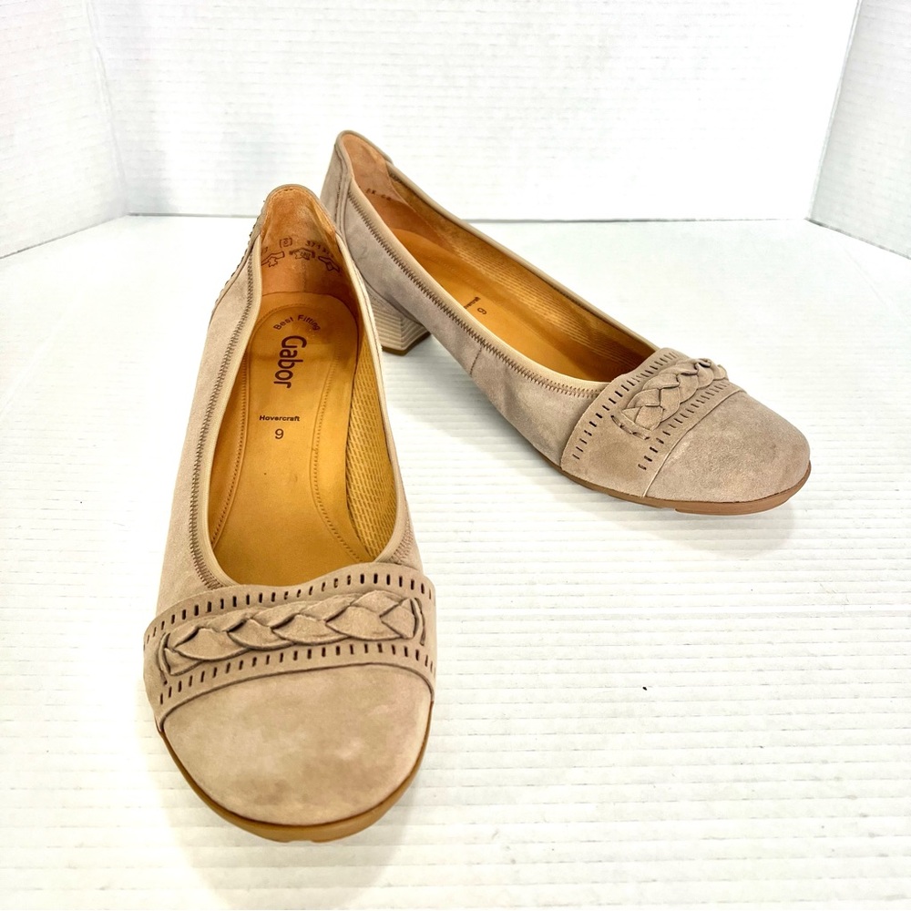 Gabor Beige Suede Comfort Loafers Size 9, Block Heel Braided Design, Round Toe